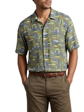VtgTown Craft Men’s short Sleeve Shirt Olive/ Blue Marlin/Swordfish print medium